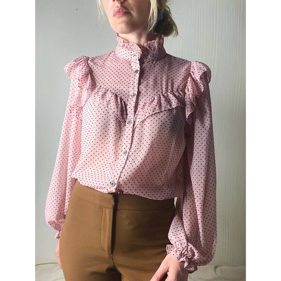 ZARA Sheer Pink and Red Polka Dot Ruffle Button Up Blouse US SMALL - Picture 1 of 10